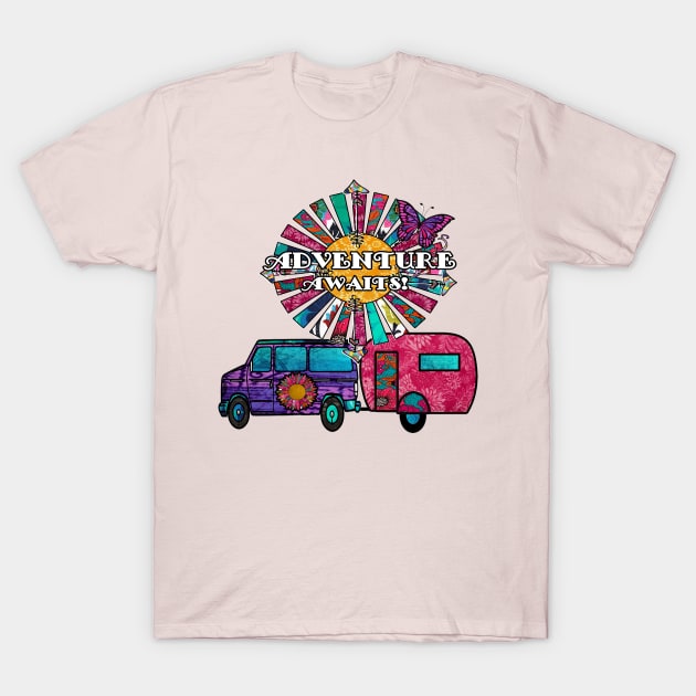 Adventure Awaits with van and travel trailer T-Shirt by artbyomega